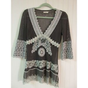 Obstinee gray sheer top embellished size Med